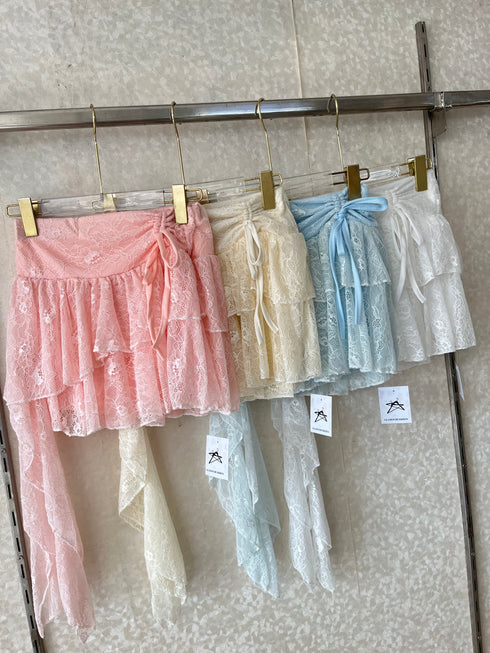 Lacey Tiered Ruched Up Mini Skirt